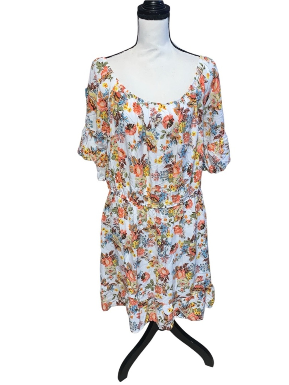 New Look Floral Off-Shoulder Boat Neck Ruffle Mini Dress Orange White Yellow
